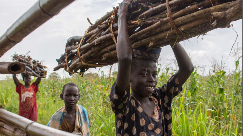 Children wioth sticks on head in Ugandan countryside, Uganda UNICEF