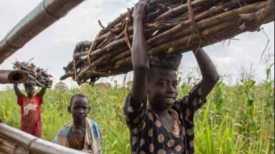Children wioth sticks on head in Ugandan countryside, Uganda UNICEF